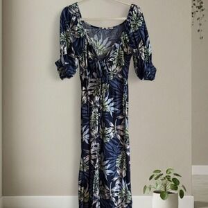 Roxy navy blue maxi dress with tropical print and tie front detail. Size M